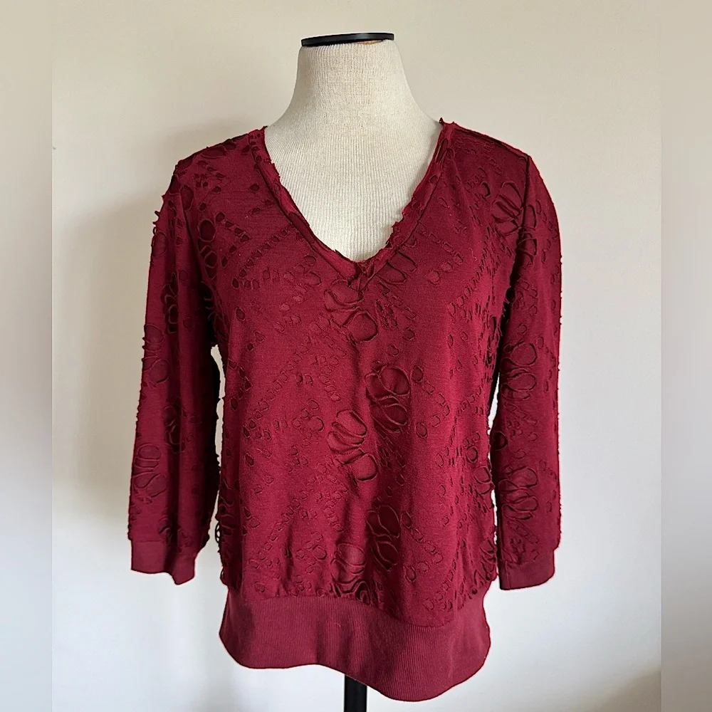 ALLEN B Distressed Long Sleeve Red Shirt V Neck Punk Grunge Sweater Top Medium
